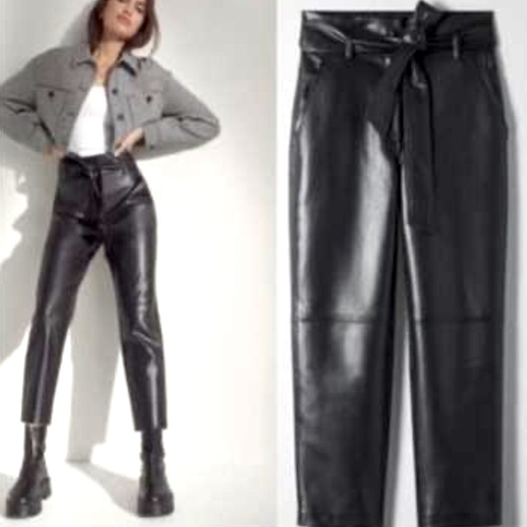 NWT LOFT High Waisted Black Faux Leather Tapered Leg Pants with Tie Belt Size 4 - Picture 1 of 6